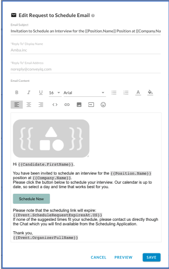 The Edit Request to Schedule Email dialog with subject, reply-to fields, an editor toolbar and the message body