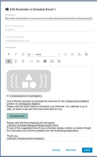 The Edit Reminder to Schedule Email dialog with subject, reply-to fields, an editor toolbar and the message body