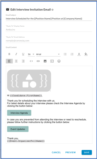 The Edit Interview Invitation Email dialog with subject, reply-to fields and the email body editor