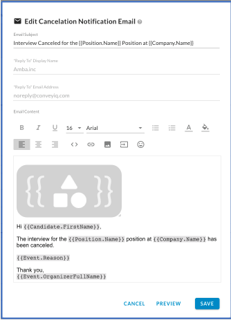 The Edit Cancelation Notification Email dialog with the subject, reply-to details and email content editor