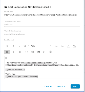 The Edit Cancelation Notification Email dialog with a plain text email body containing placeholder fields