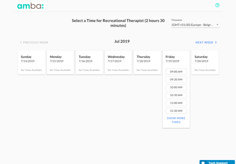 The candidate scheduling page for choosing an interview time, with a week of days and time slots on Friday