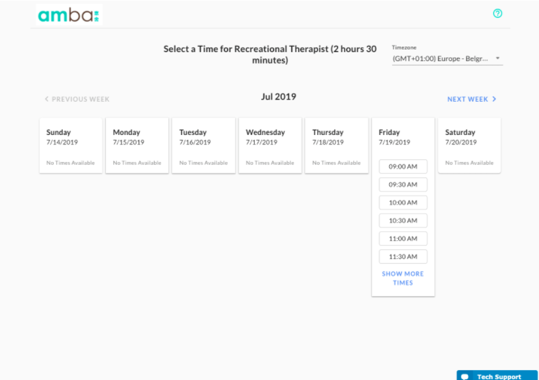 The candidate scheduling page for choosing an interview time, with a week of days and time slots on Friday