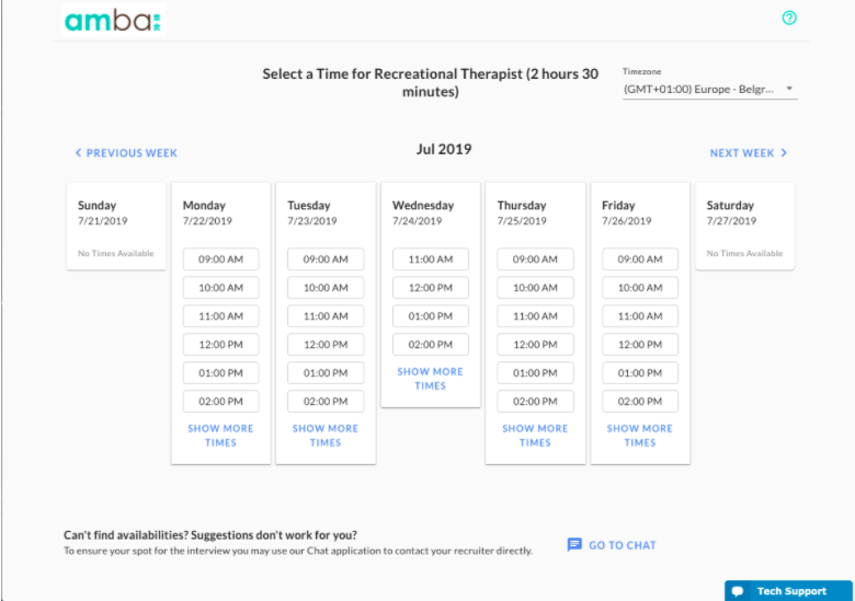 The candidate scheduling page showing time slots for Monday to Friday and a Go to Chat link