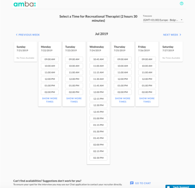 The candidate scheduling page with the Wednesday column expanded to show a longer list of time slots