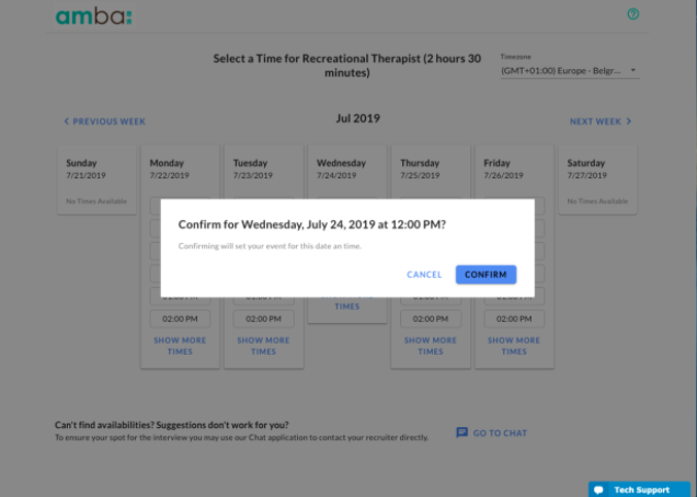 The candidate scheduling page with a dialog asking to confirm Wednesday, July 24, 2019 at 12:00 PM
