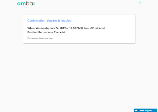 The scheduling confirmation page saying the candidate is scheduled, with the date, time and position