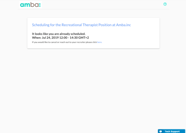 The scheduling page saying the candidate is already scheduled, with a link to cancel or contact the recruiter