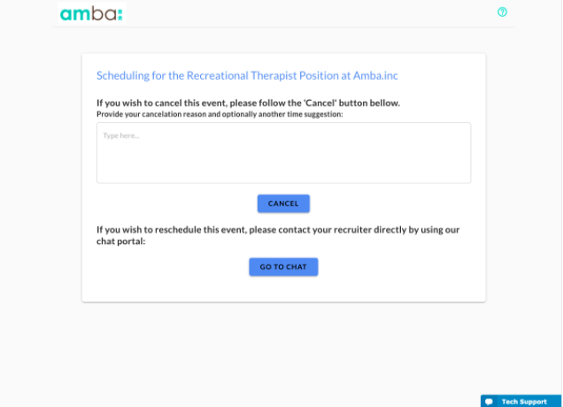 The scheduling page with a cancellation reason box, a Cancel button and a Go to Chat button