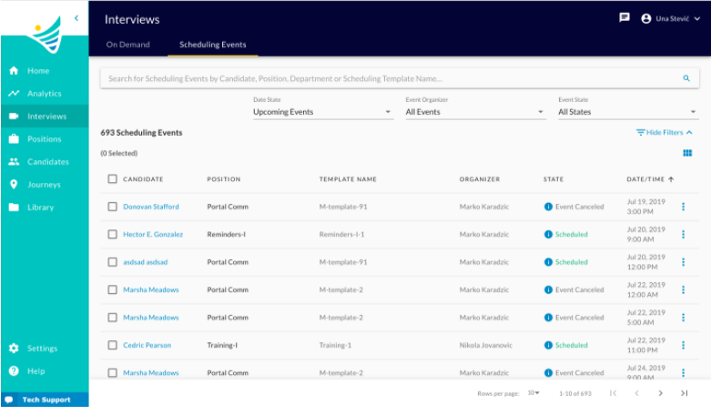 The Interviews page on the Scheduling Events tab, listing events with candidate, position, template and state