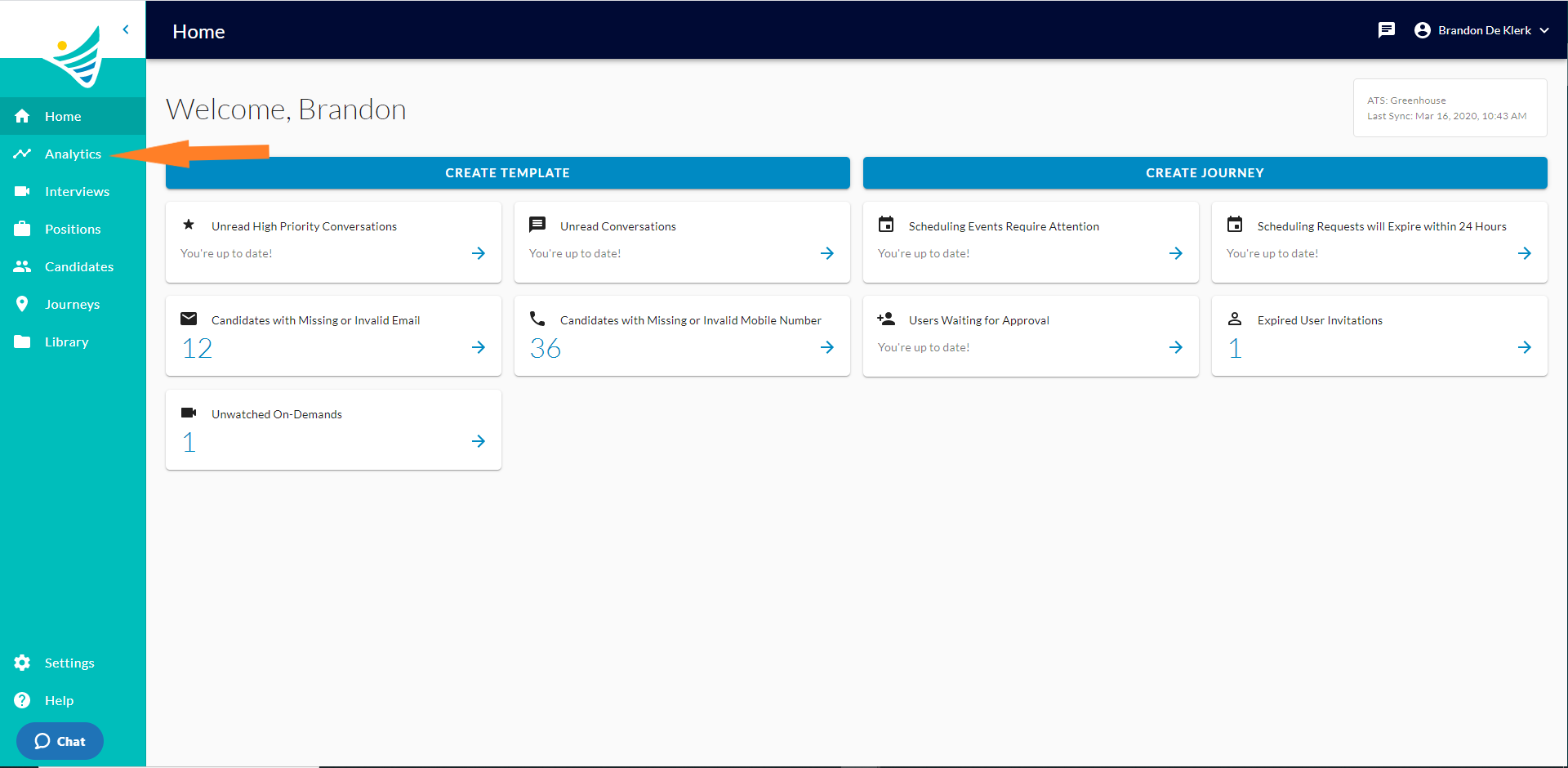 The ConveyIQ home page with an arrow pointing to Analytics in the left menu