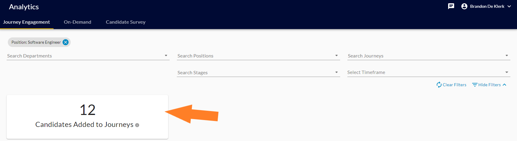 The Journey Engagement page filtered by one position, with an arrow pointing to the Candidates Added to Journeys count