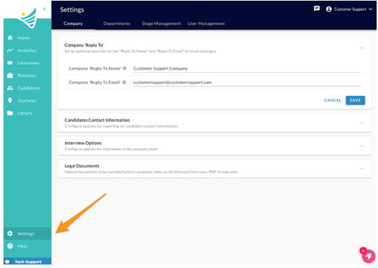 The Settings page, Company tab, with an orange arrow pointing to Settings in the left menu