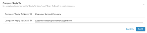 The Company Reply To section with name and email fields and Cancel and Save buttons