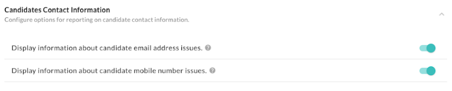 The Candidates Contact Information section with two toggles for email and mobile number issues, both turned on