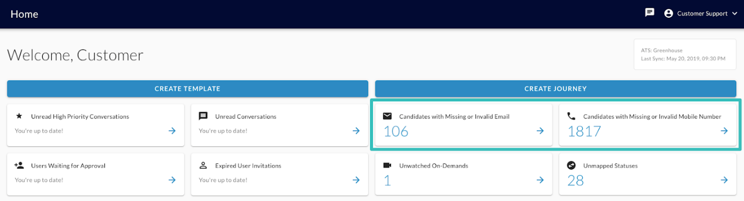 The Home page with the cards for candidates with a missing or invalid email and mobile number highlighted
