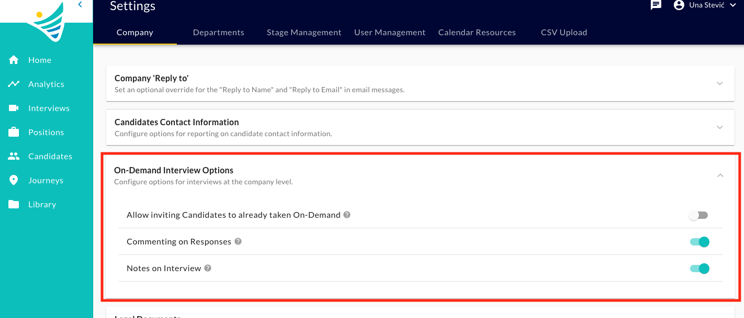 The Company settings tab with the On-Demand Interview Options section highlighted and its three toggles