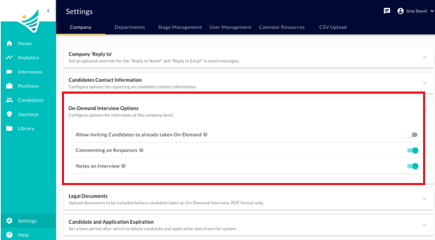 The company Settings page with the On-Demand Interview Options section and its three toggles highlighted