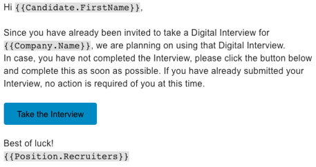 An email message with merge fields and a Take the Interview button