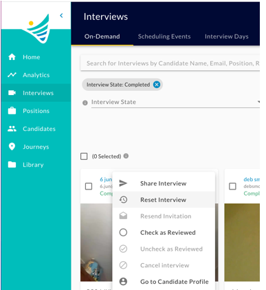The interview card menu with Share Interview, Reset Interview, Resend Invitation and other options