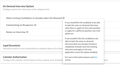 The On-Demand Interview Options section with a tooltip explaining the Allow inviting Candidates setting