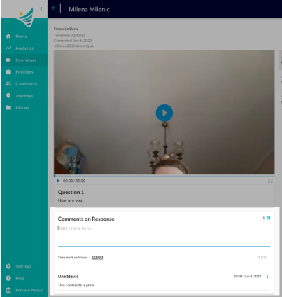 An interview page with the Comments on Response section highlighted below the video player