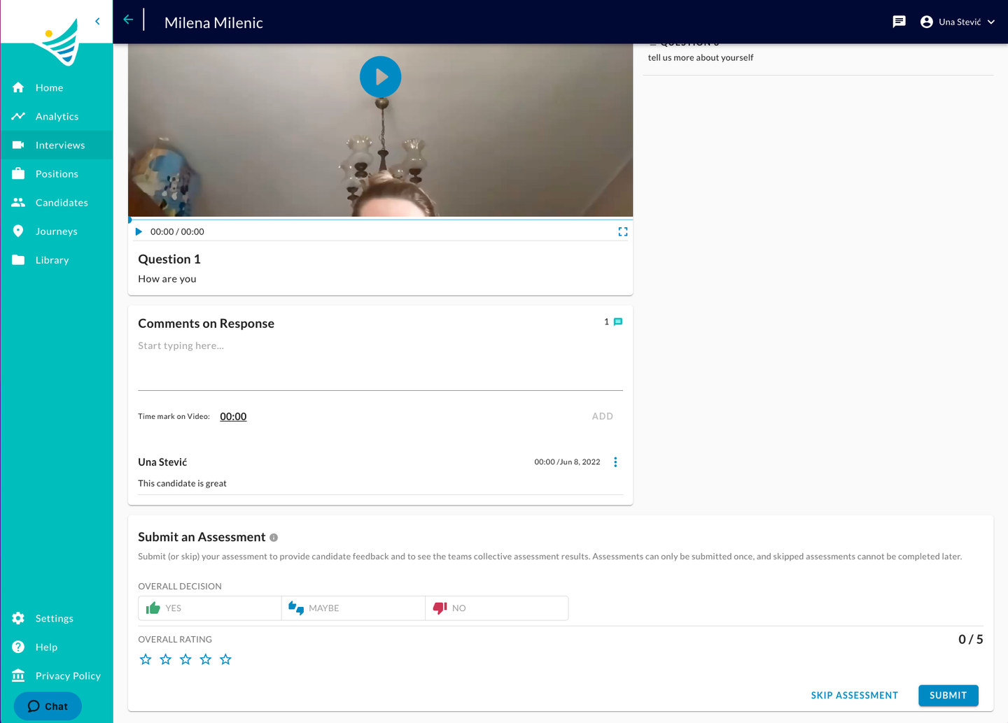The interview page showing the Comments on Response and Submit an Assessment sections below the video