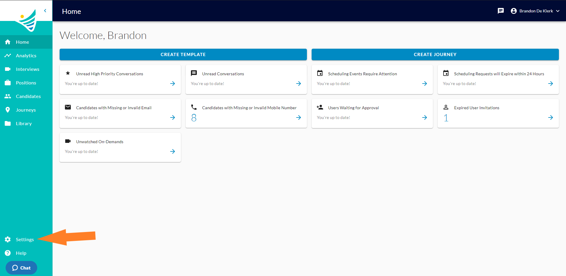 The ConveyIQ Home page with an arrow pointing to Settings in the left navigation