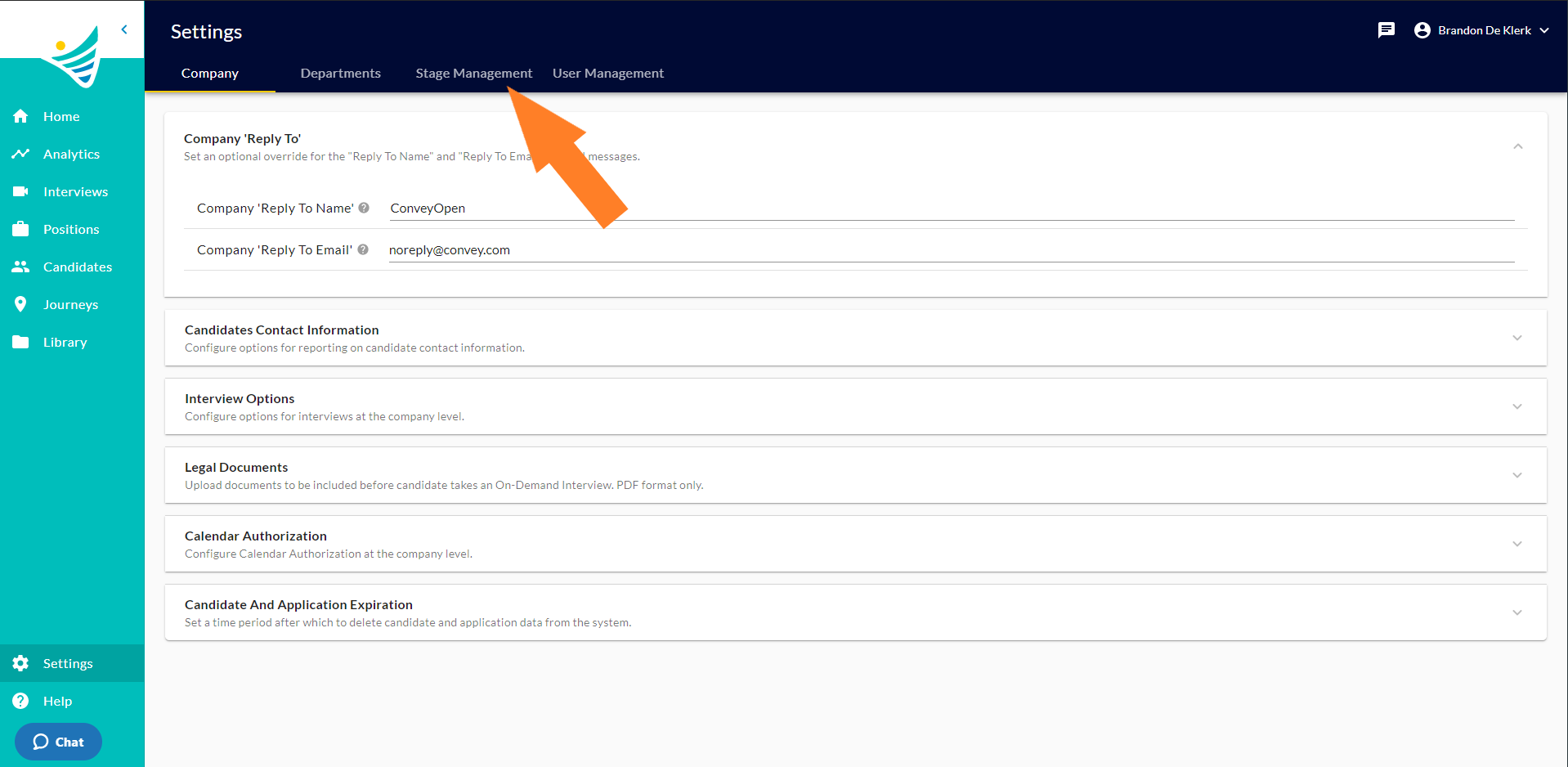 The Settings Company tab with an arrow pointing to the Stage Management tab