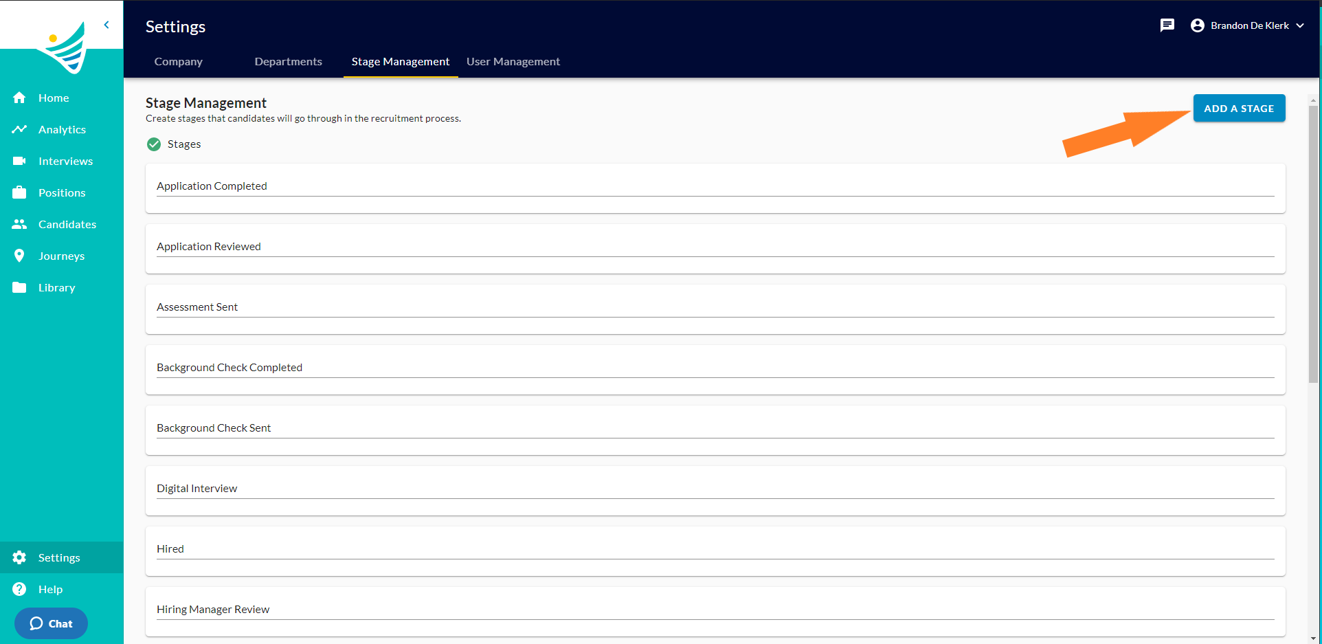 The Stage Management page listing stages, with an arrow pointing to the Add a Stage button