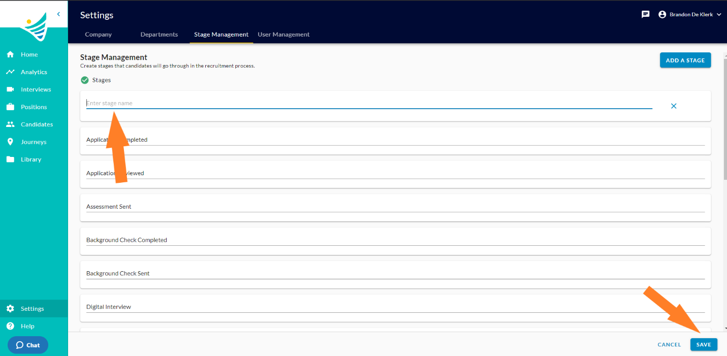 The Stage Management page with a new Enter stage name field, and arrows pointing to that field and the Save button