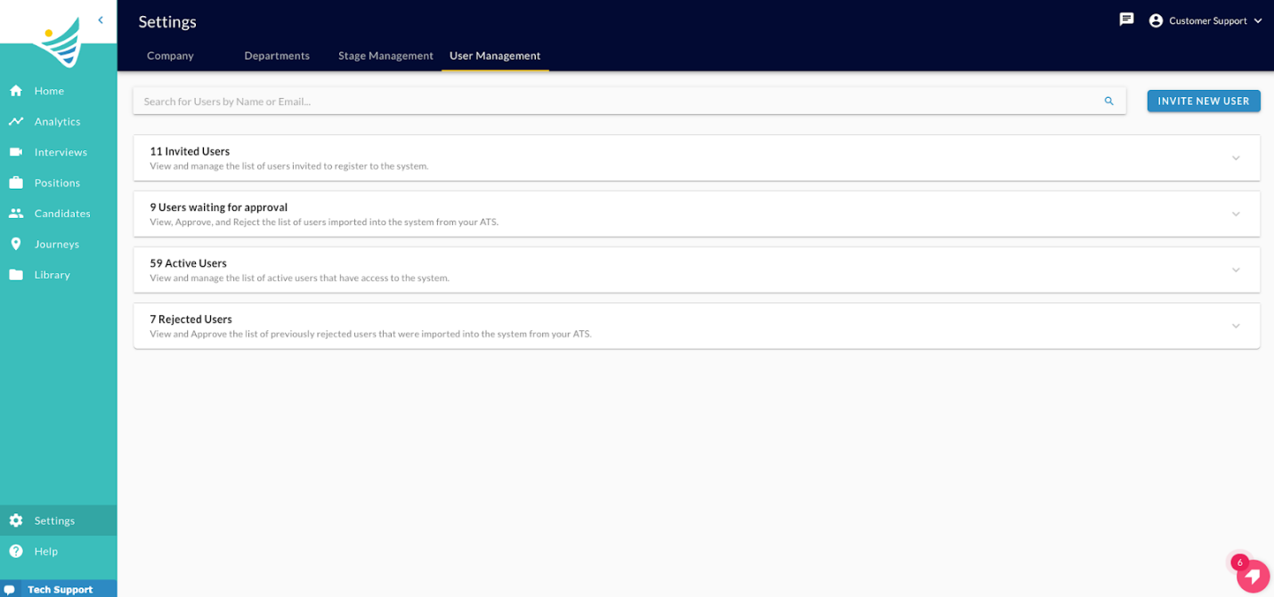 The Settings User Management tab with collapsed sections for invited, waiting, active and rejected users