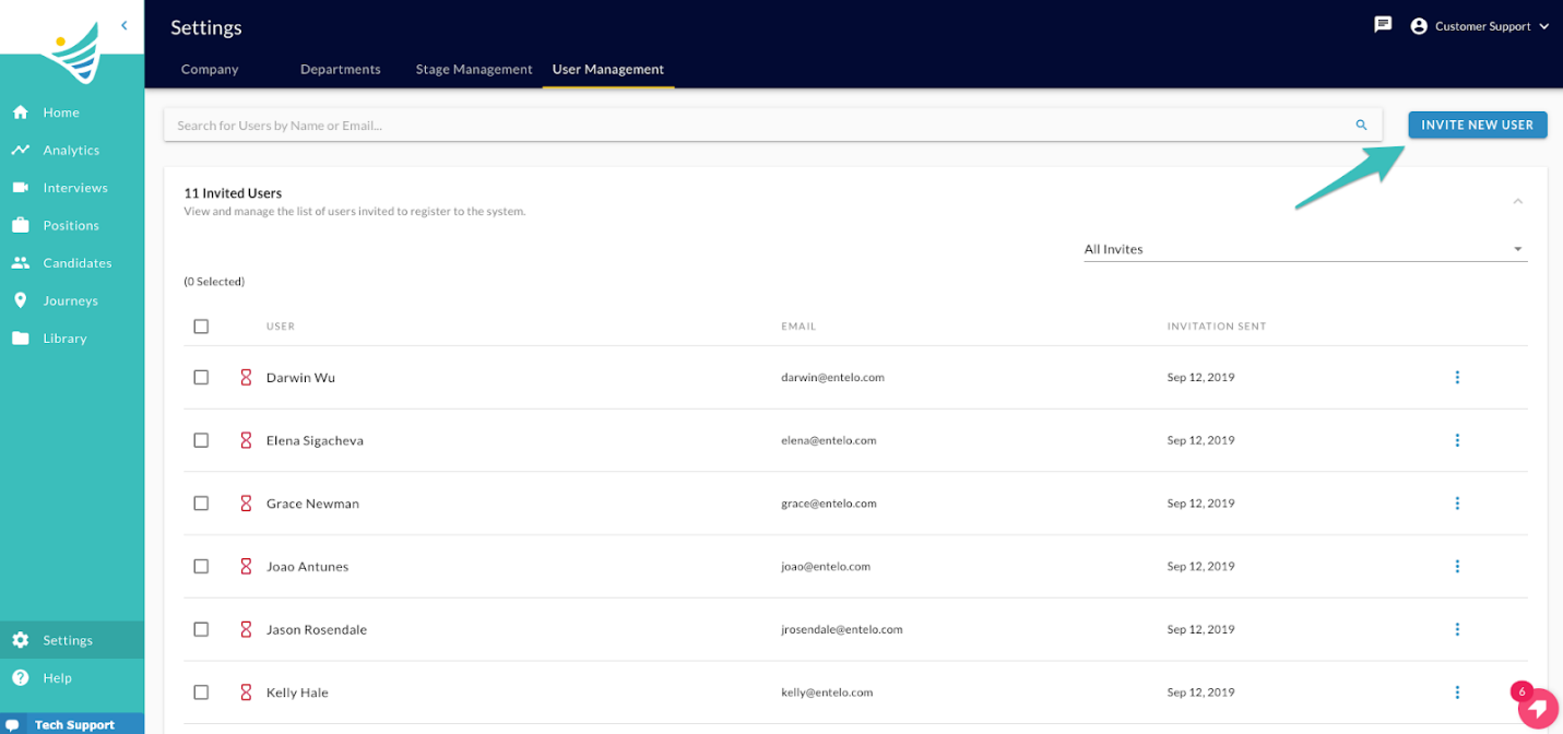 The User Management tab with the Invited Users list open and an arrow pointing to the Invite New User button
