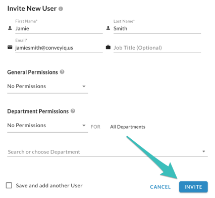 The Invite New User form with name, email and permission fields and an arrow pointing to the Invite button