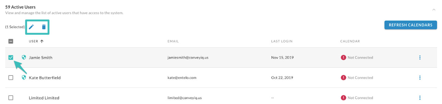 The Active Users list with one user selected and the edit and delete icons highlighted above the list
