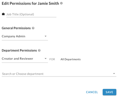 The Edit Permissions form with Job Title, General Permissions and Department Permissions fields and a Save button