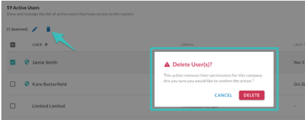 The Active Users list with an arrow to the delete icon and a Delete User(s)? confirmation dialog highlighted