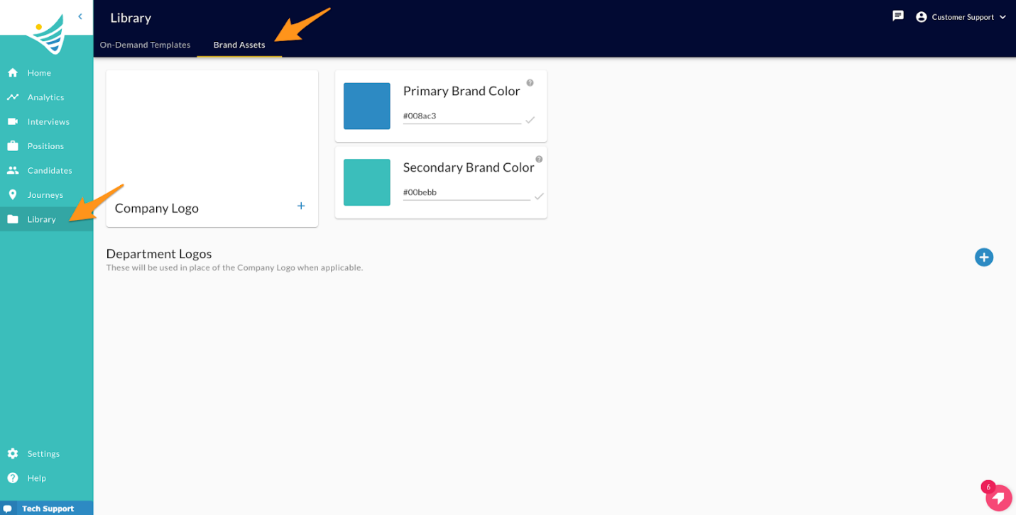 The Library page, Brand Assets tab, with orange arrows pointing to the Library menu item and the Brand Assets tab
