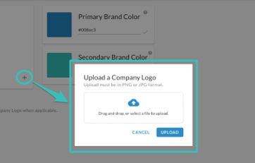 The Upload a Company Logo dialog with a teal arrow from the highlighted plus icon