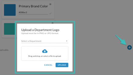 The Upload a Department Logo dialog with a department menu and upload area, and a highlighted plus icon