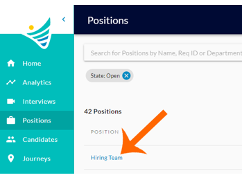 The Positions page with an orange arrow pointing to the Hiring Team position in the list