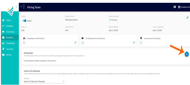 The Hiring Team position page with an orange arrow pointing to the plus button in the Hiring Team section