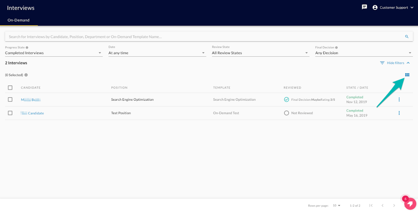 The Interviews page in list view with an arrow pointing to the card view icon at the top right