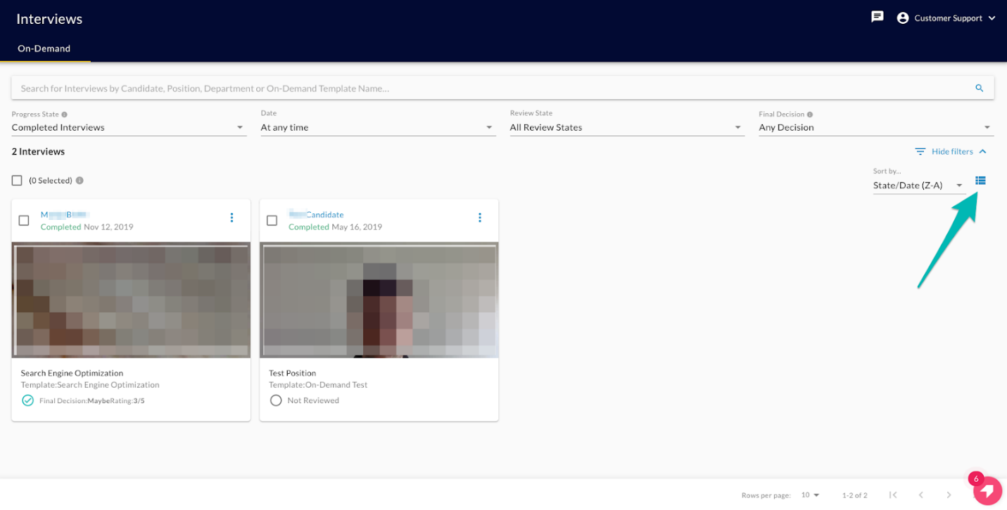The Interviews page in card view with an arrow pointing to the list view icon at the top right