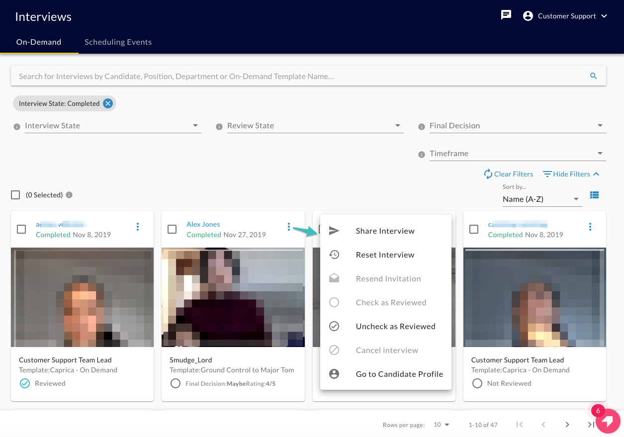 The interview card menu open with Share Interview, Reset Interview, Check as Reviewed and other options