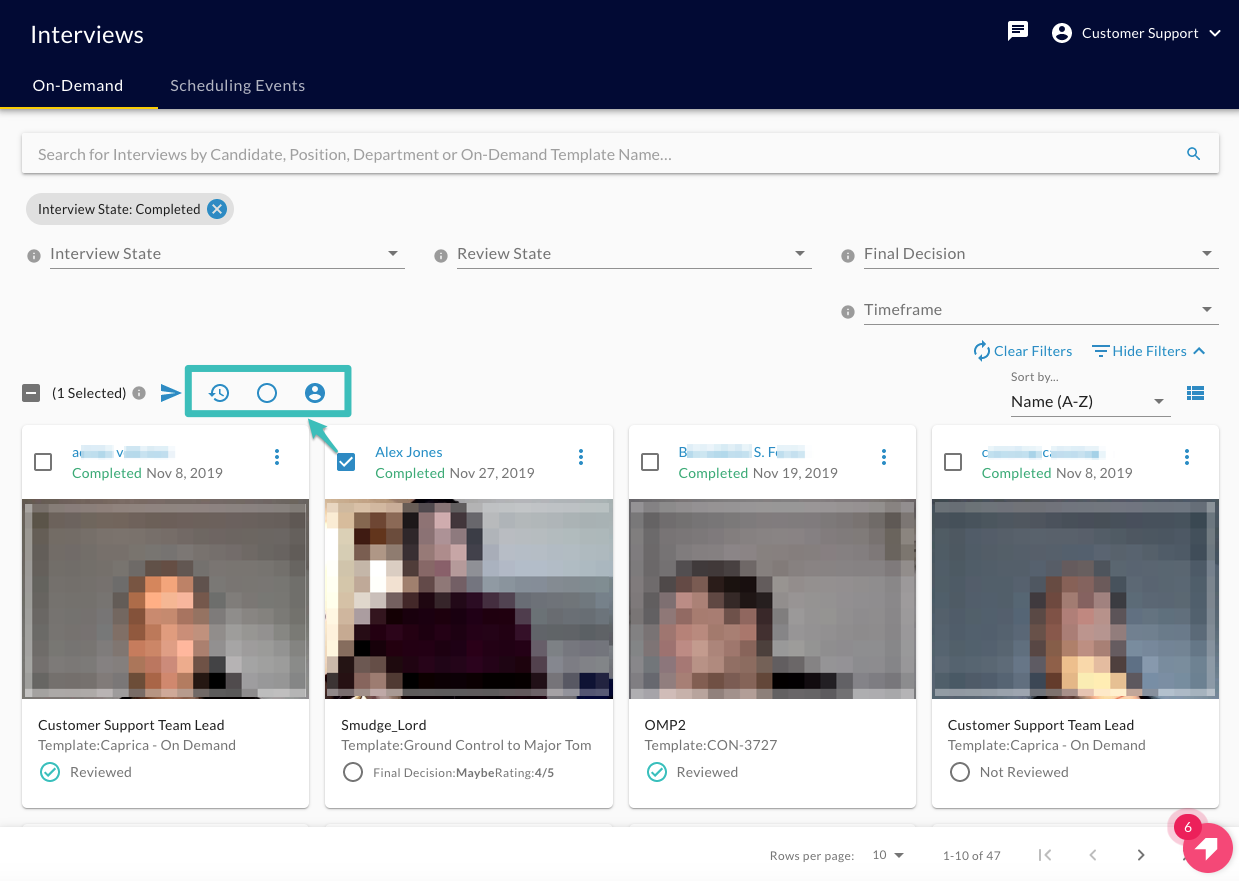 The Interviews page with one interview selected and a teal box around the reset, circle and profile icons in the toolbar