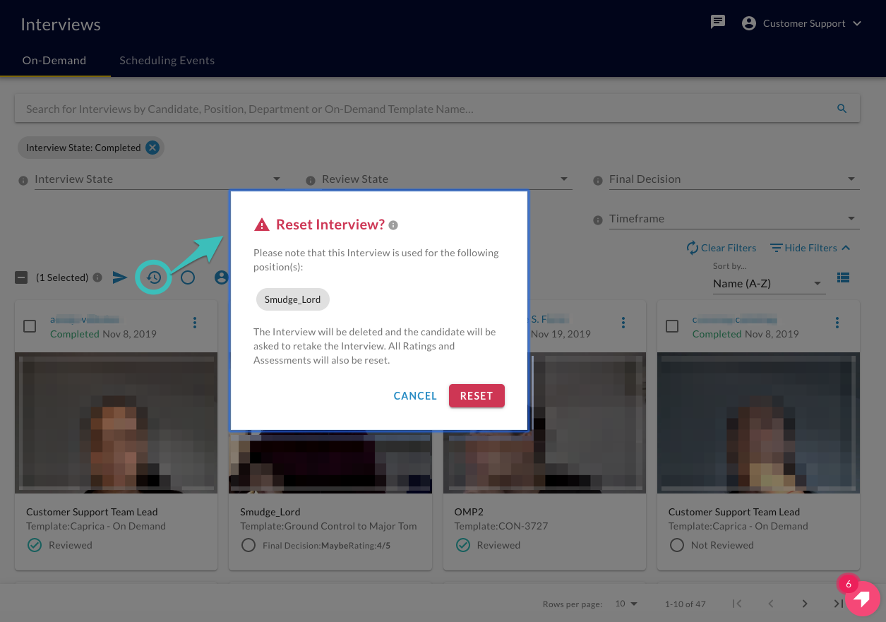 The Reset Interview? dialog with Cancel and Reset buttons and an arrow from the reset icon in the toolbar