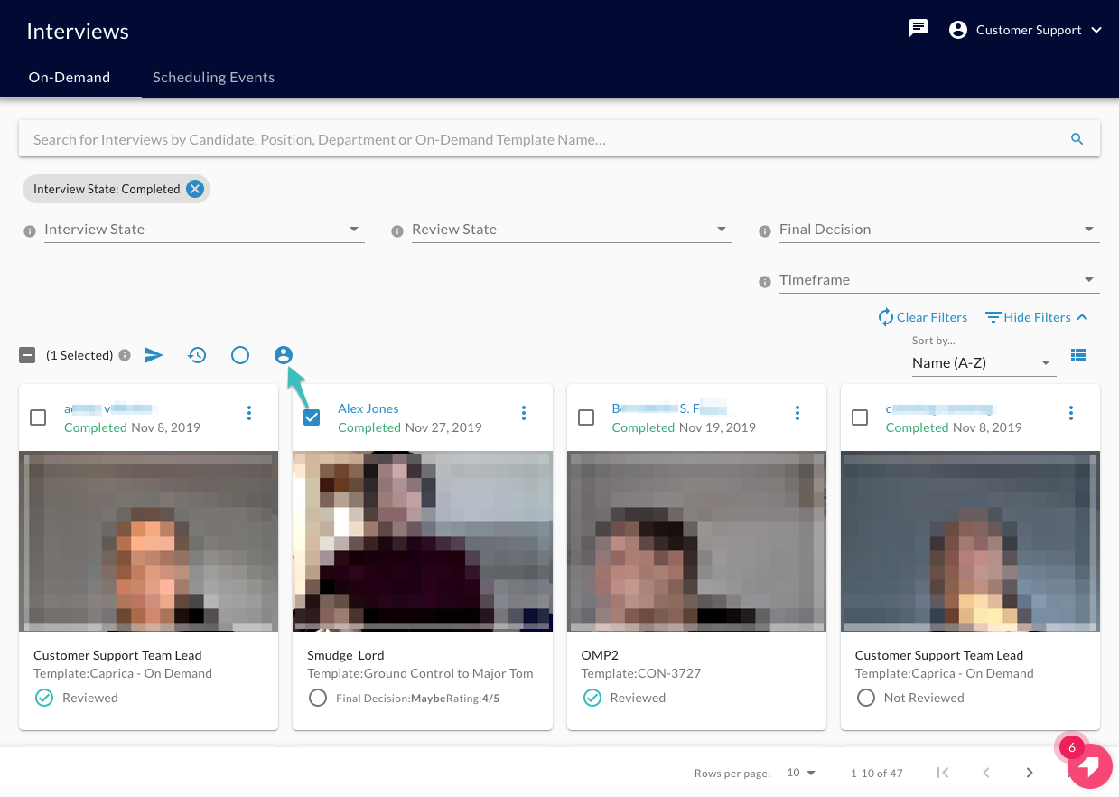 The Interviews page with one interview selected and an arrow pointing to the profile icon in the toolbar