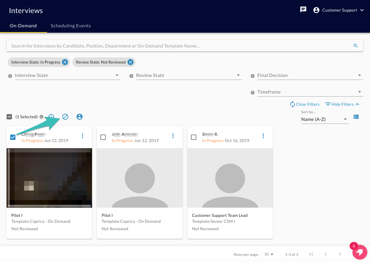 The Interviews page with an in-progress interview selected and an arrow pointing to the circle with a slash icon