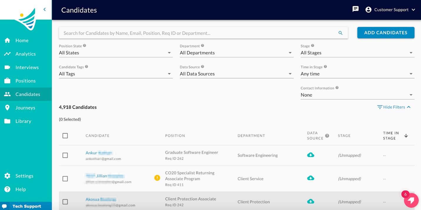 The Candidates page with a search box, filters and a candidate list showing position, department, source and stage